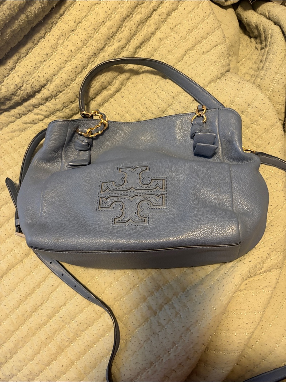 Tory Burch Dusty Blue Leather Shoulder Bag with Logo